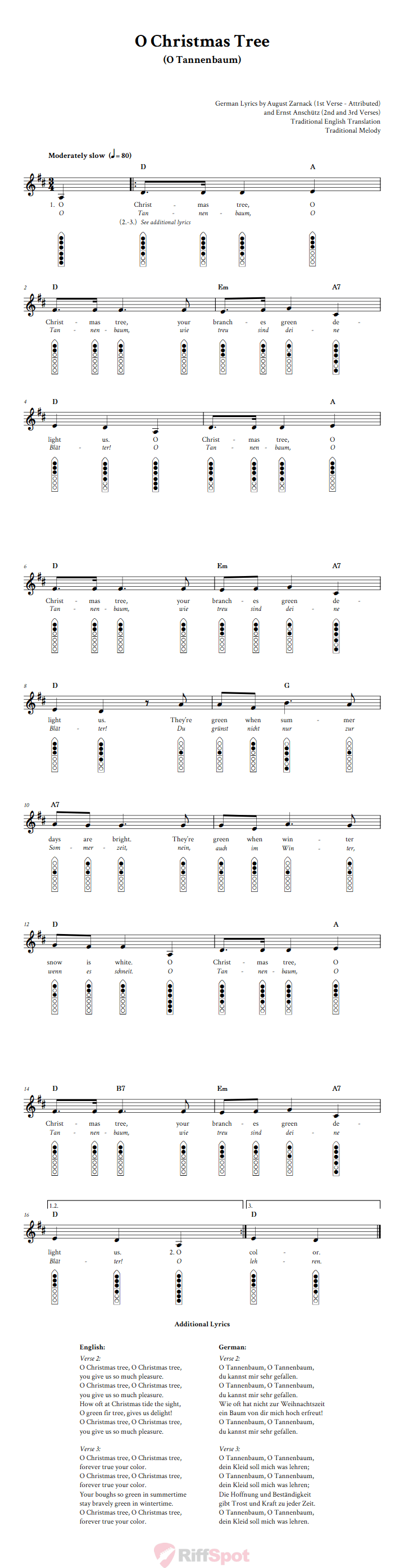 O Christmas Tree 6-Hole Native American Flute Sheet Music and Tab (Fingering Diagrams)
