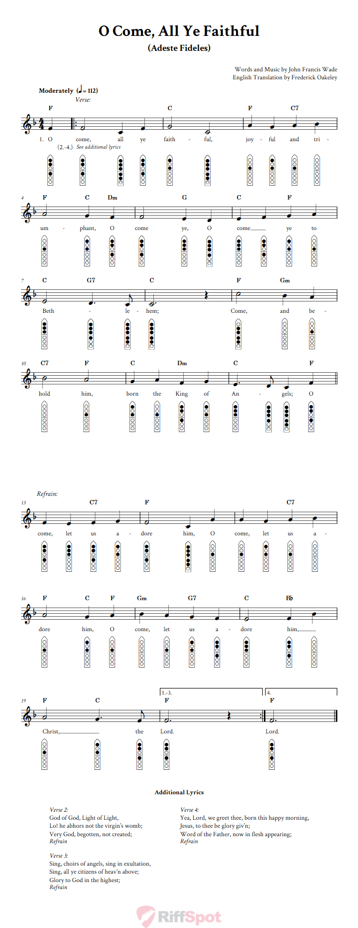 O Come, All Ye Faithful 6-Hole Native American Flute Sheet Music and Tab (Fingering Diagrams)