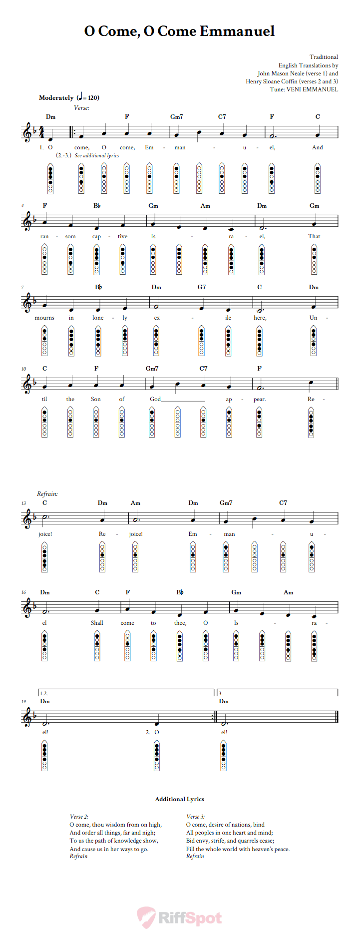 O Come, O Come Emmanuel 6-Hole Native American Flute Sheet Music and Tab (Fingering Diagrams)