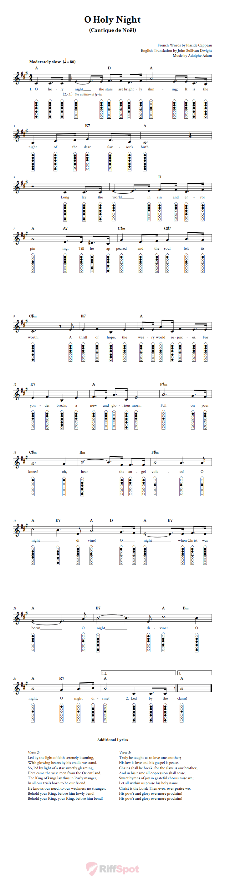 O Holy Night 6-Hole Native American Flute Sheet Music and Tab (Fingering Diagrams)