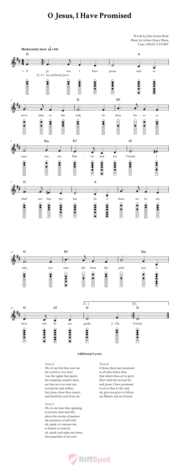 O Jesus, I Have Promised 6-Hole Native American Flute Sheet Music and Tab (Fingering Diagrams)