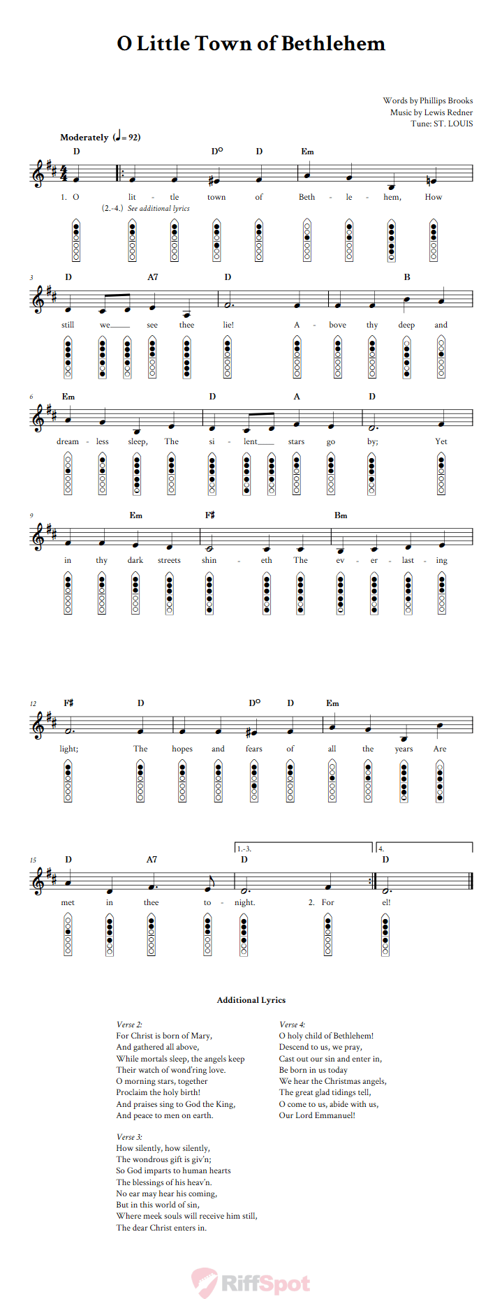 O Little Town of Bethlehem 6-Hole Native American Flute Sheet Music and Tab (Fingering Diagrams)
