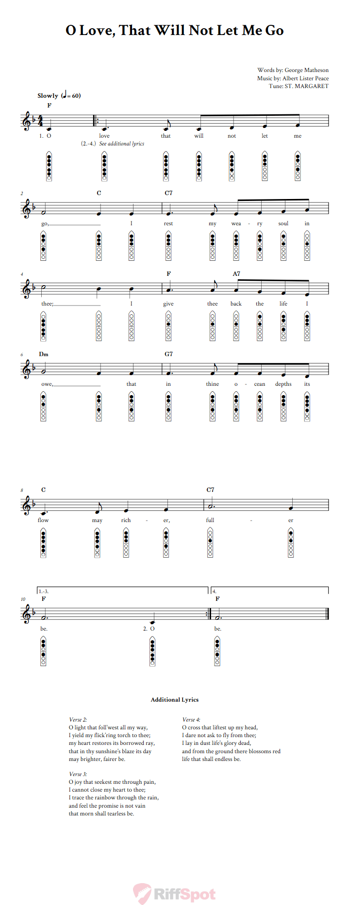 O Love That Will Not Let Me Go 6-Hole Native American Flute Sheet Music and Tab (Fingering Diagrams)