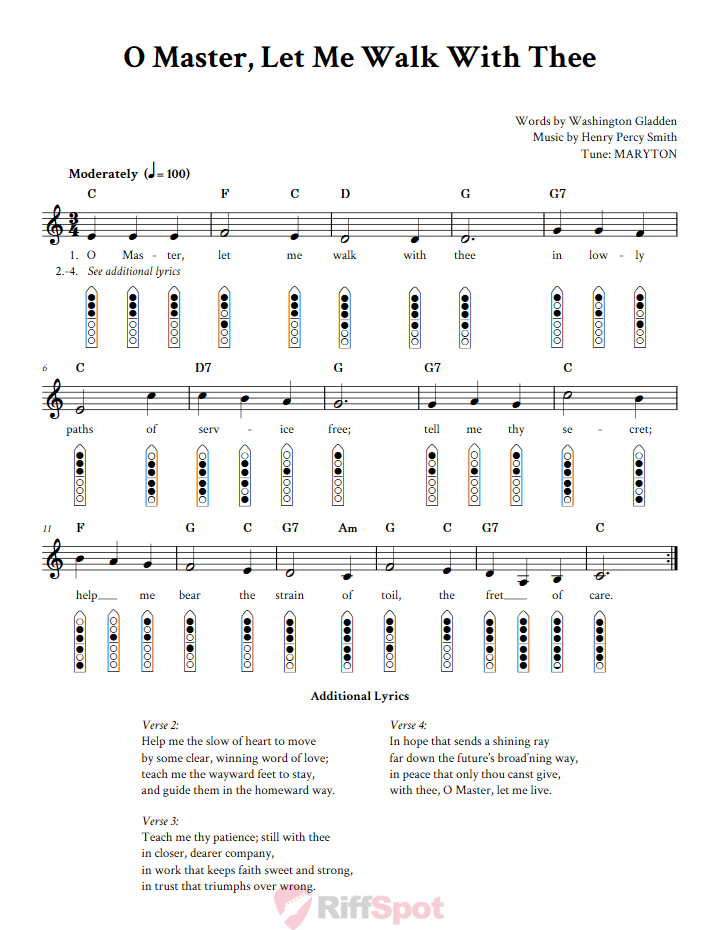 O Master Let Me Walk With Thee 6-Hole Native American Flute Sheet Music and Tab (Fingering Diagrams)