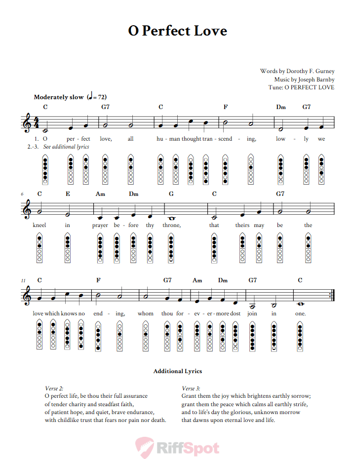 O Perfect Love 6-Hole Native American Flute Sheet Music and Tab (Fingering Diagrams)