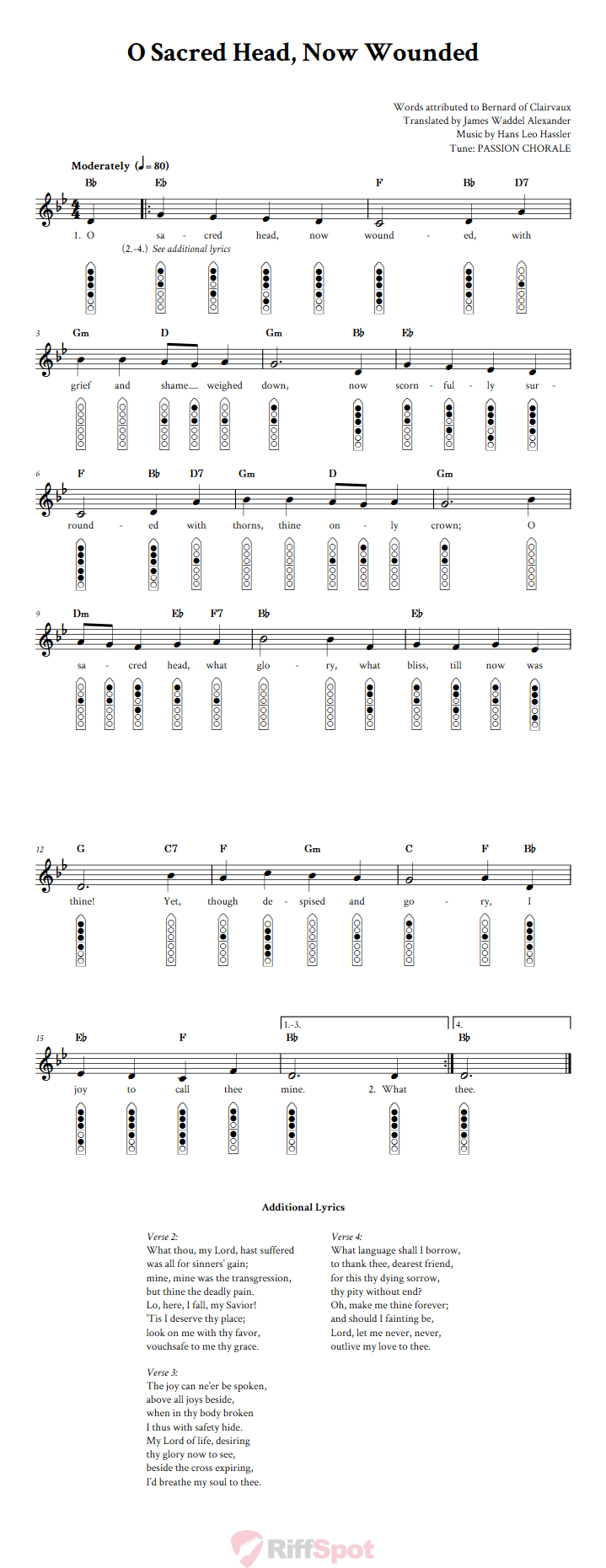 O Sacred Head, Now Wounded 6-Hole Native American Flute Sheet Music and Tab (Fingering Diagrams)