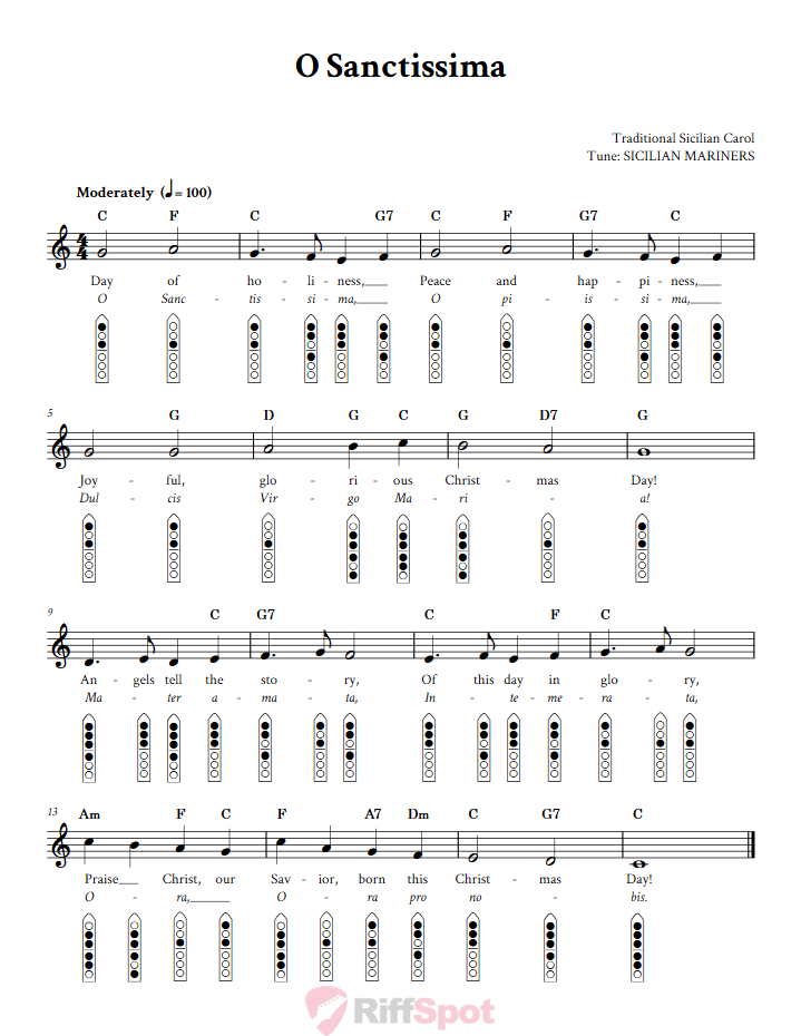 O Sanctissima 6-Hole Native American Flute Sheet Music and Tab (Fingering Diagrams)