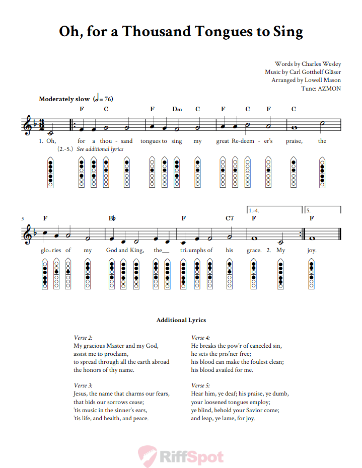 Oh, for a Thousand Tongues to Sing 6-Hole Native American Flute Sheet Music and Tab (Fingering Diagrams)