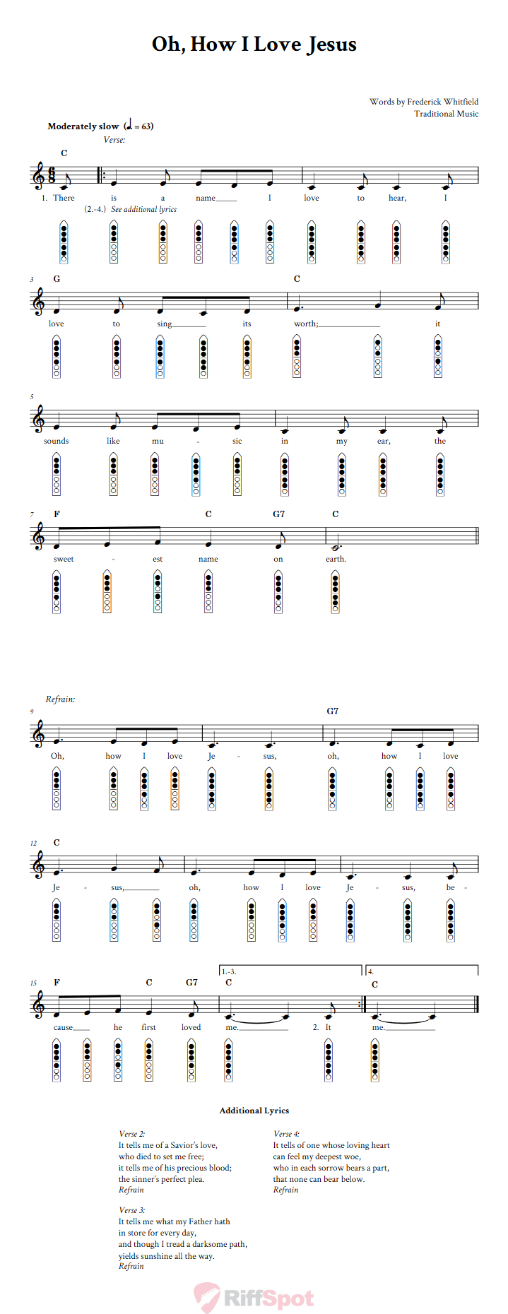Oh, How I Love Jesus 6-Hole Native American Flute Sheet Music and Tab (Fingering Diagrams)
