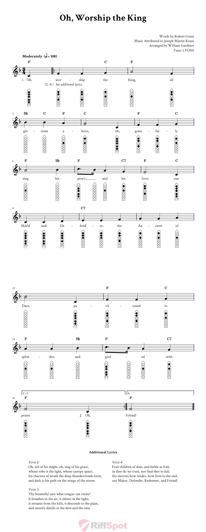 Oh, Worship the King 6-Hole Native American Flute Sheet Music and Tab (Fingering Diagrams)