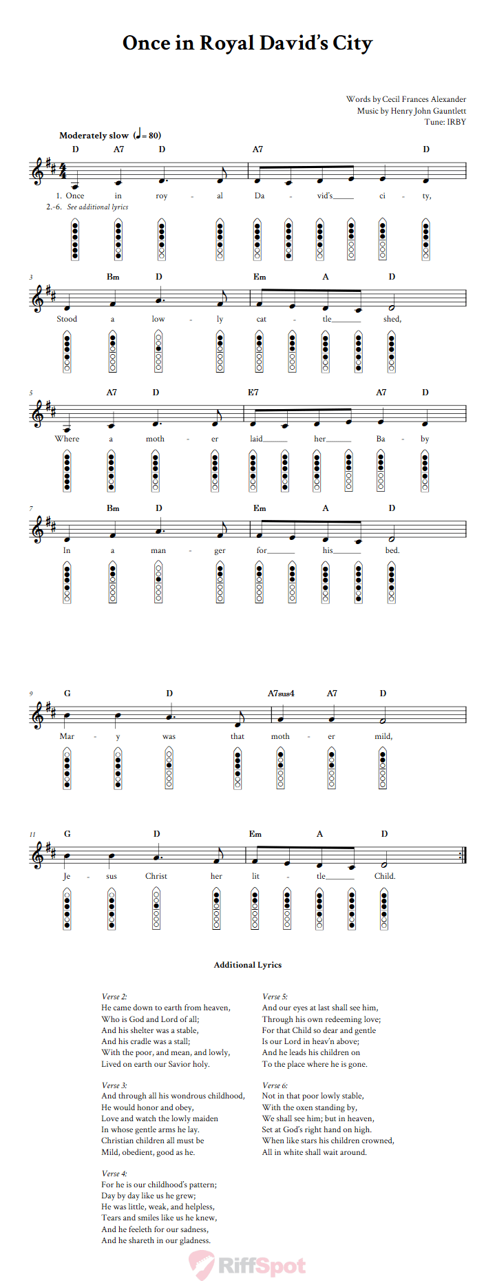 Once in Royal David's City 6-Hole Native American Flute Sheet Music and Tab (Fingering Diagrams)