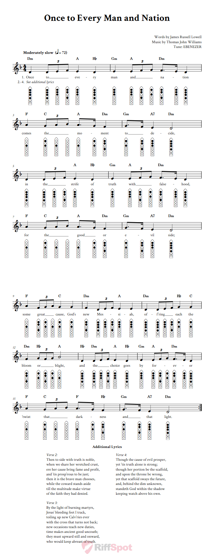 Once to Every Man and Nation 6-Hole Native American Flute Sheet Music and Tab (Fingering Diagrams)