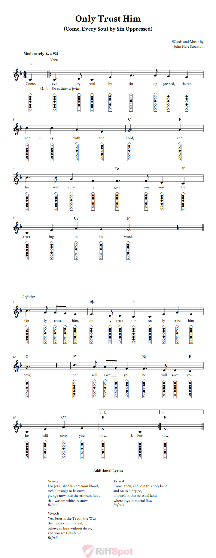 Only Trust Him 6-Hole Native American Flute Sheet Music and Tab (Fingering Diagrams)