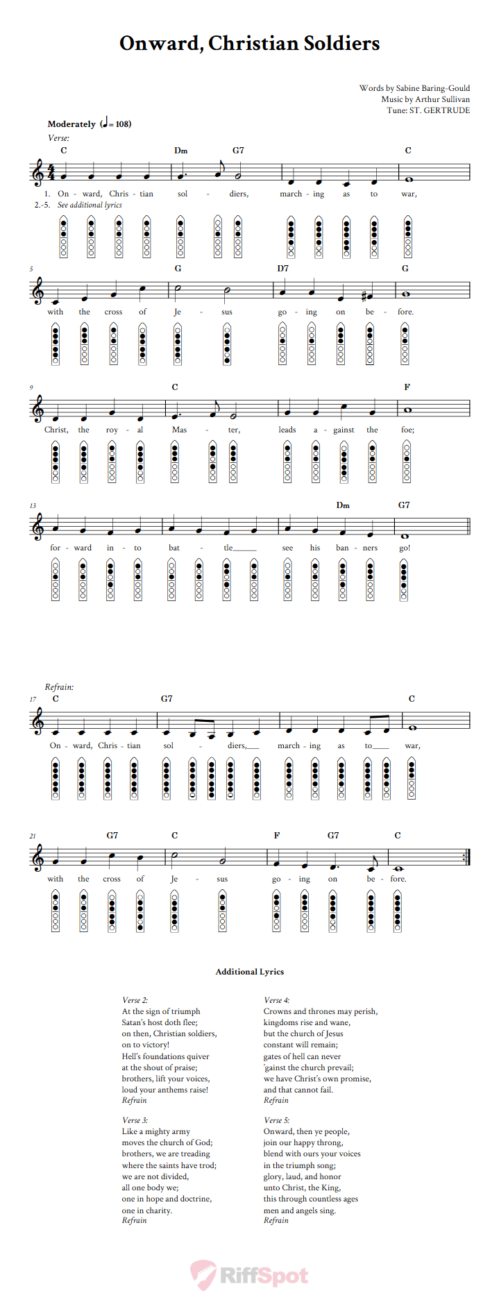 Onward, Christian Soldiers 6-Hole Native American Flute Sheet Music and Tab (Fingering Diagrams)