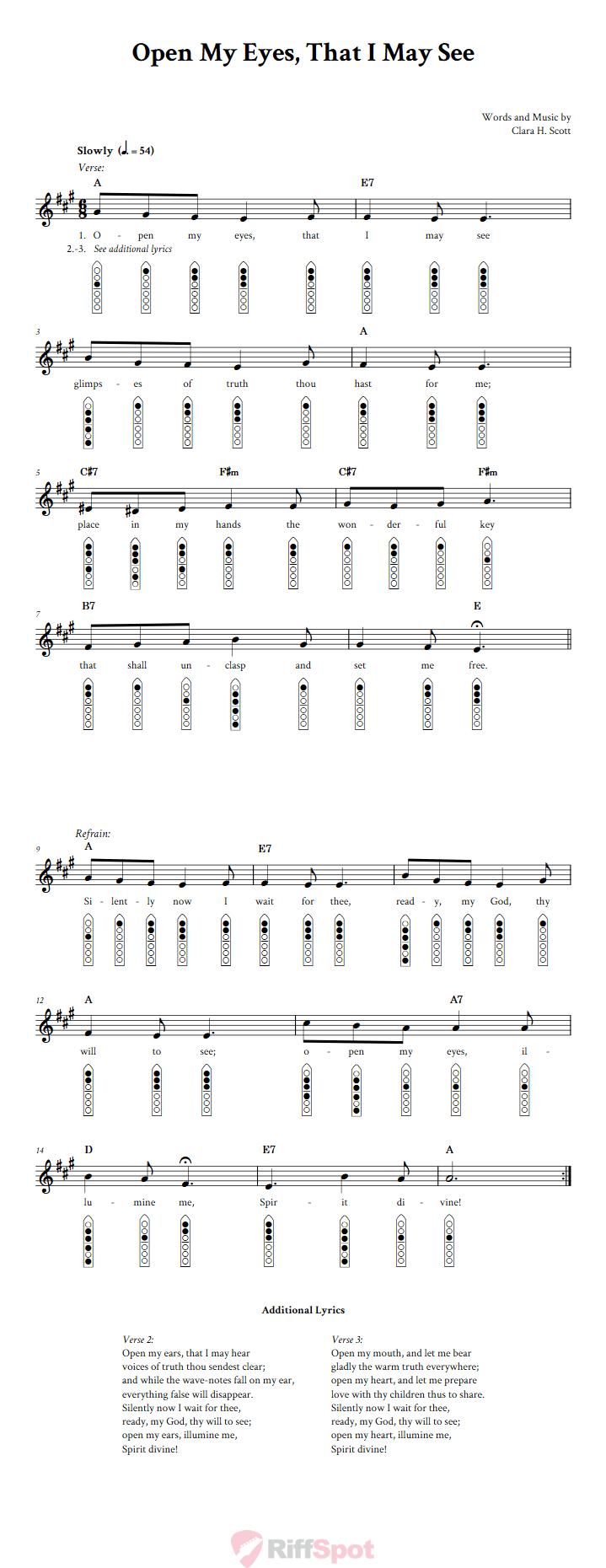 Open My Eyes, That I May See 6-Hole Native American Flute Sheet Music and Tab (Fingering Diagrams)