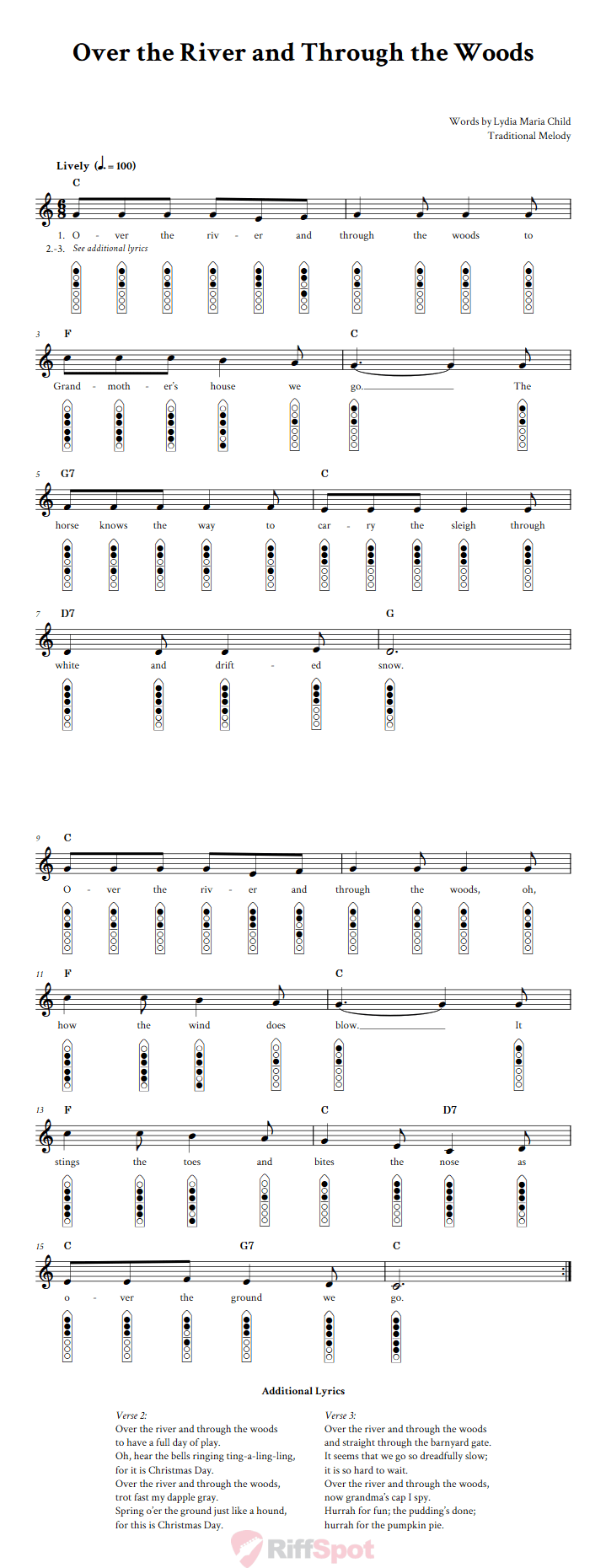 Over the River and Through the Woods 6-Hole Native American Flute Sheet Music and Tab (Fingering Diagrams)
