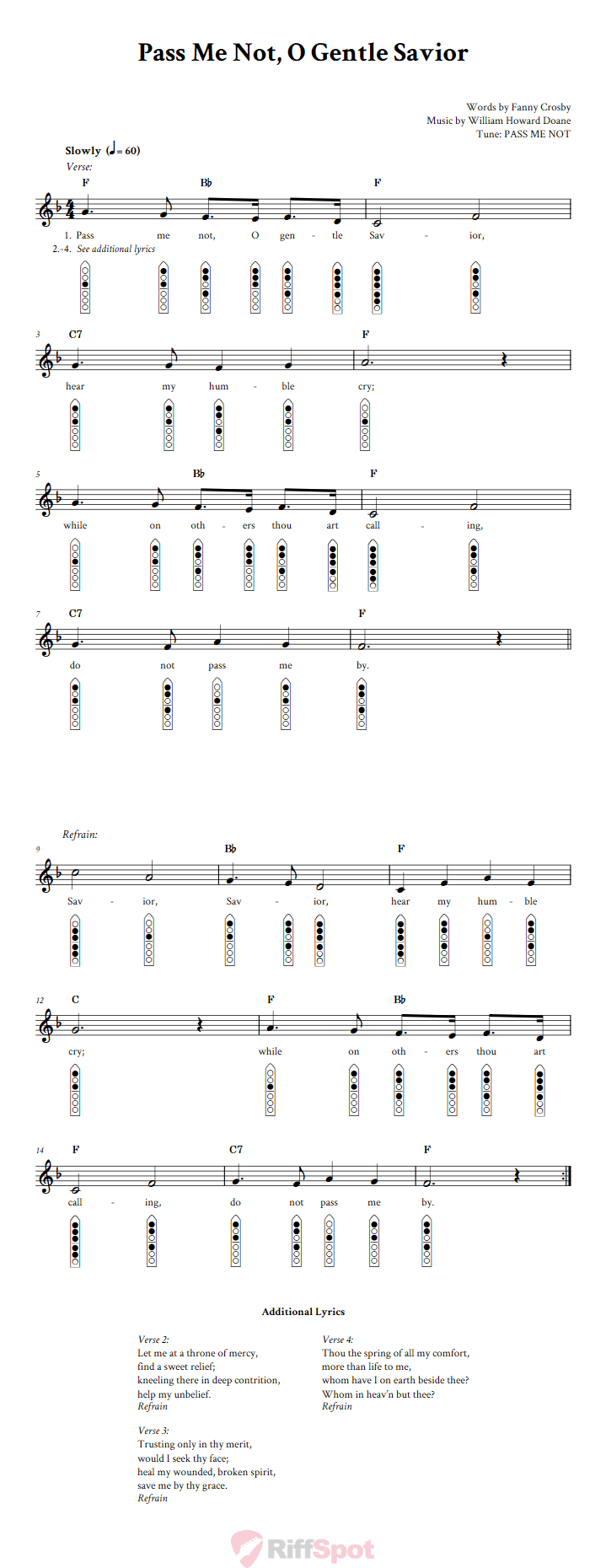 Pass Me Not, O Gentle Savior 6-Hole Native American Flute Sheet Music and Tab (Fingering Diagrams)