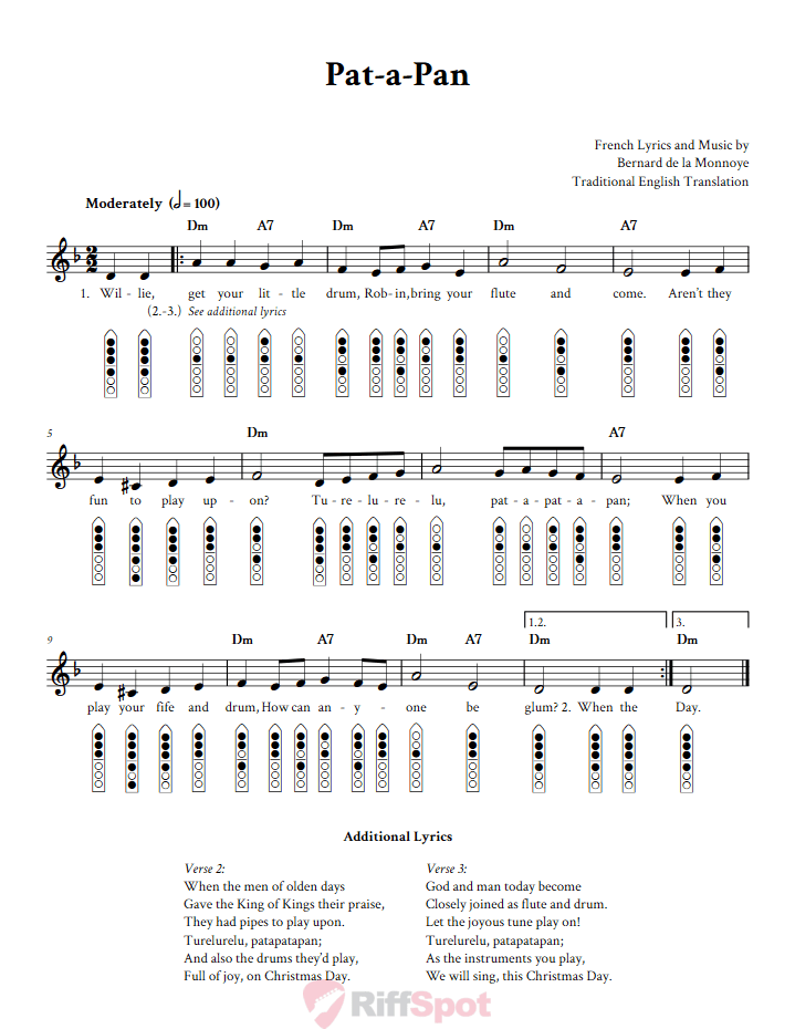Pat-A-Pan 6-Hole Native American Flute Sheet Music and Tab (Fingering Diagrams)