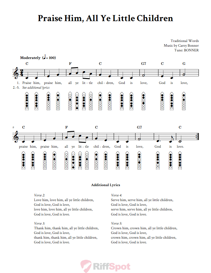 Praise Him, All Ye Little Children 6-Hole Native American Flute Sheet Music and Tab (Fingering Diagrams)