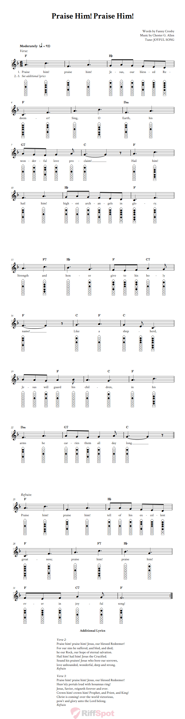 Praise Him! Praise Him! 6-Hole Native American Flute Sheet Music and Tab (Fingering Diagrams)