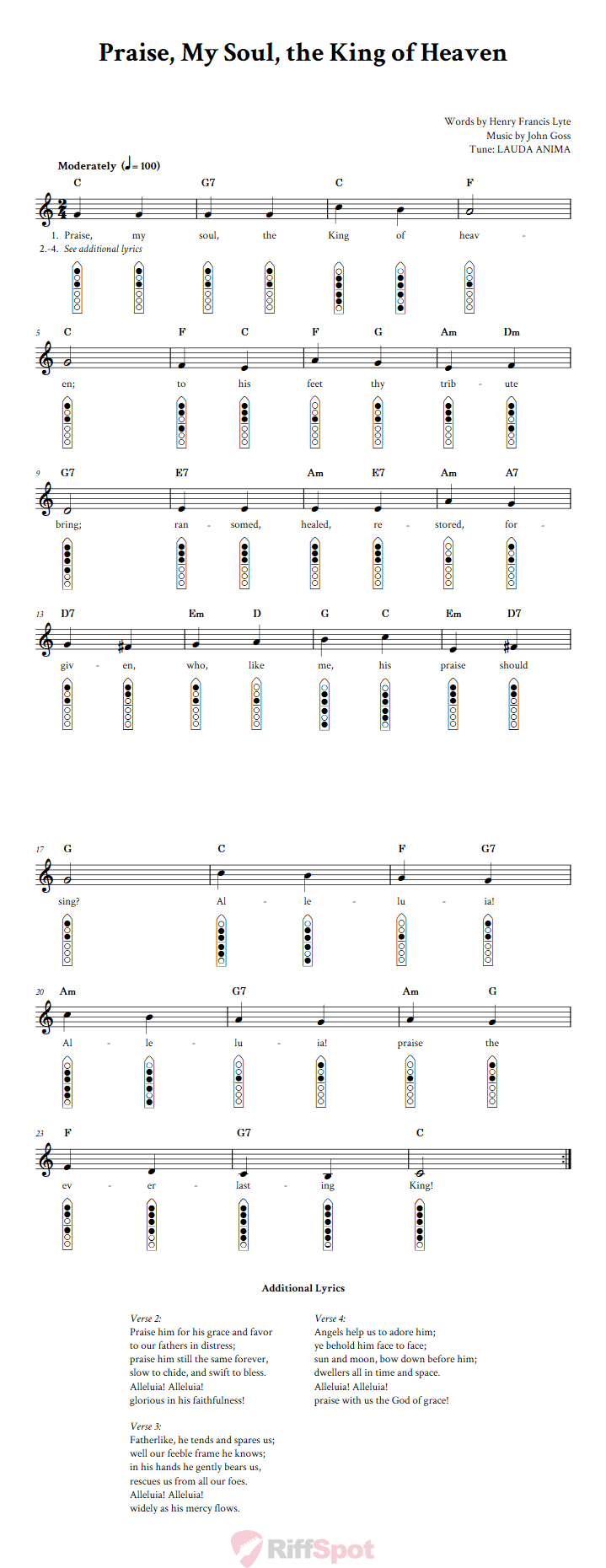 Praise, My Soul, the King of Heaven 6-Hole Native American Flute Sheet Music and Tab (Fingering Diagrams)