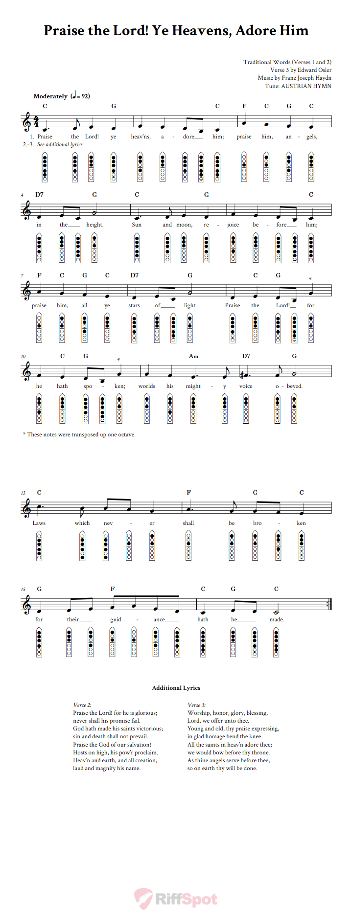 Praise the Lord! Ye Heavens, Adore Him 6-Hole Native American Flute Sheet Music and Tab (Fingering Diagrams)