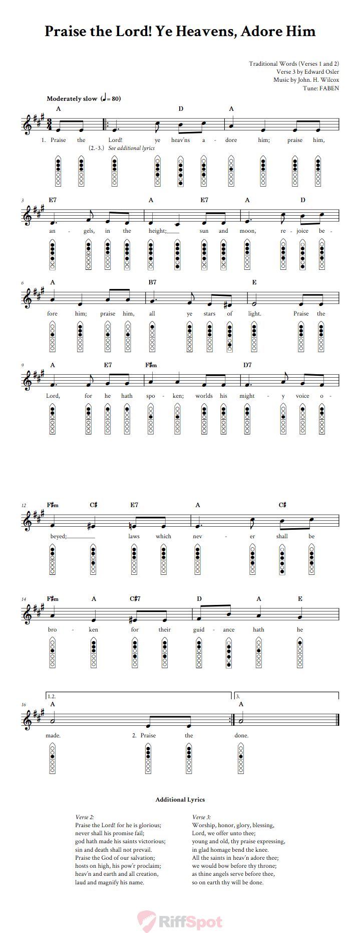 Praise the Lord! Ye Heavens, Adore Him 6-Hole Native American Flute Sheet Music and Tab (Fingering Diagrams)