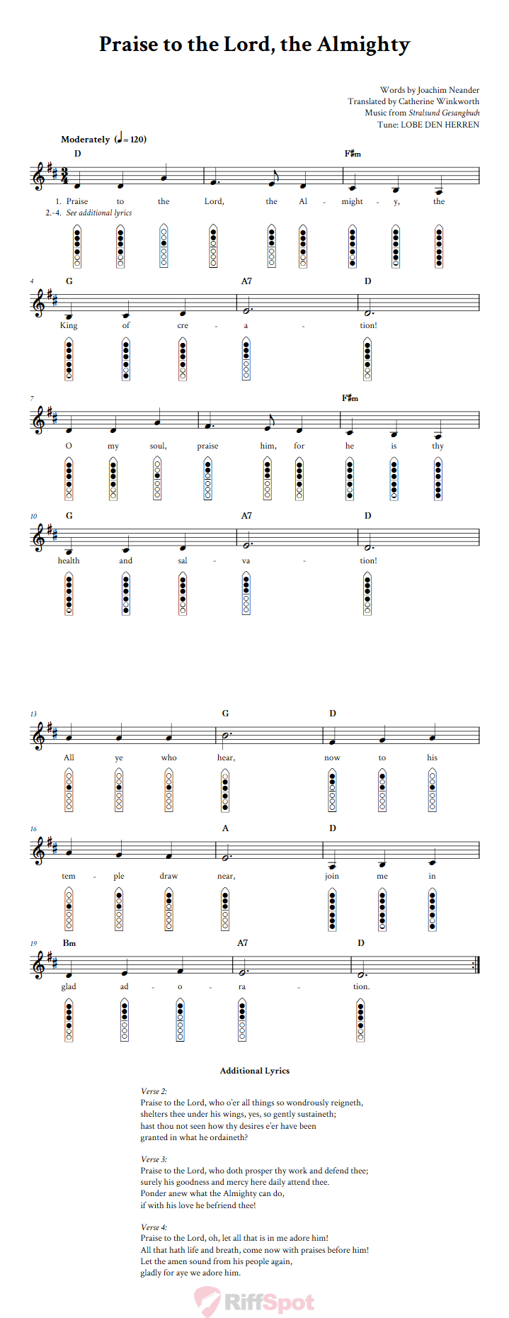 Praise to the Lord, the Almighty 6-Hole Native American Flute Sheet Music and Tab (Fingering Diagrams)
