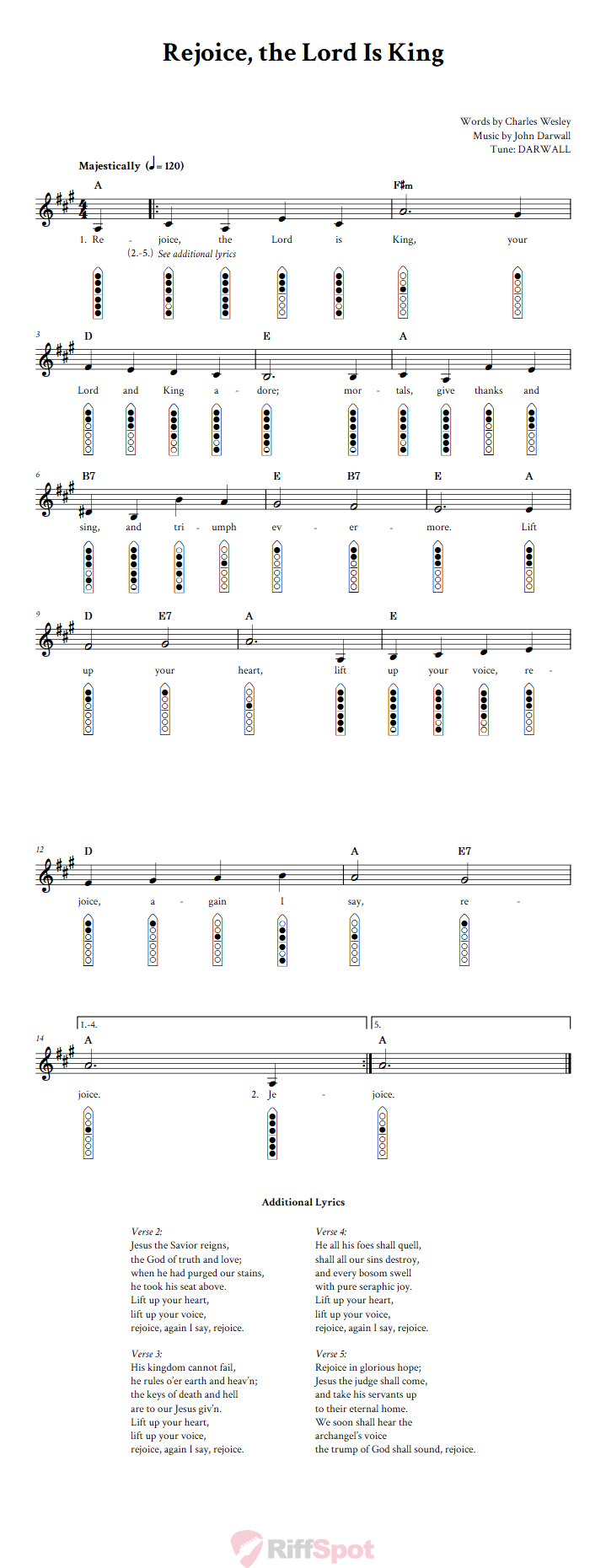 Rejoice, the Lord Is King 6-Hole Native American Flute Sheet Music and Tab (Fingering Diagrams)