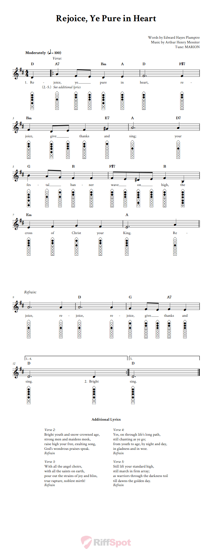 Rejoice, Ye Pure in Heart 6-Hole Native American Flute Sheet Music and Tab (Fingering Diagrams)