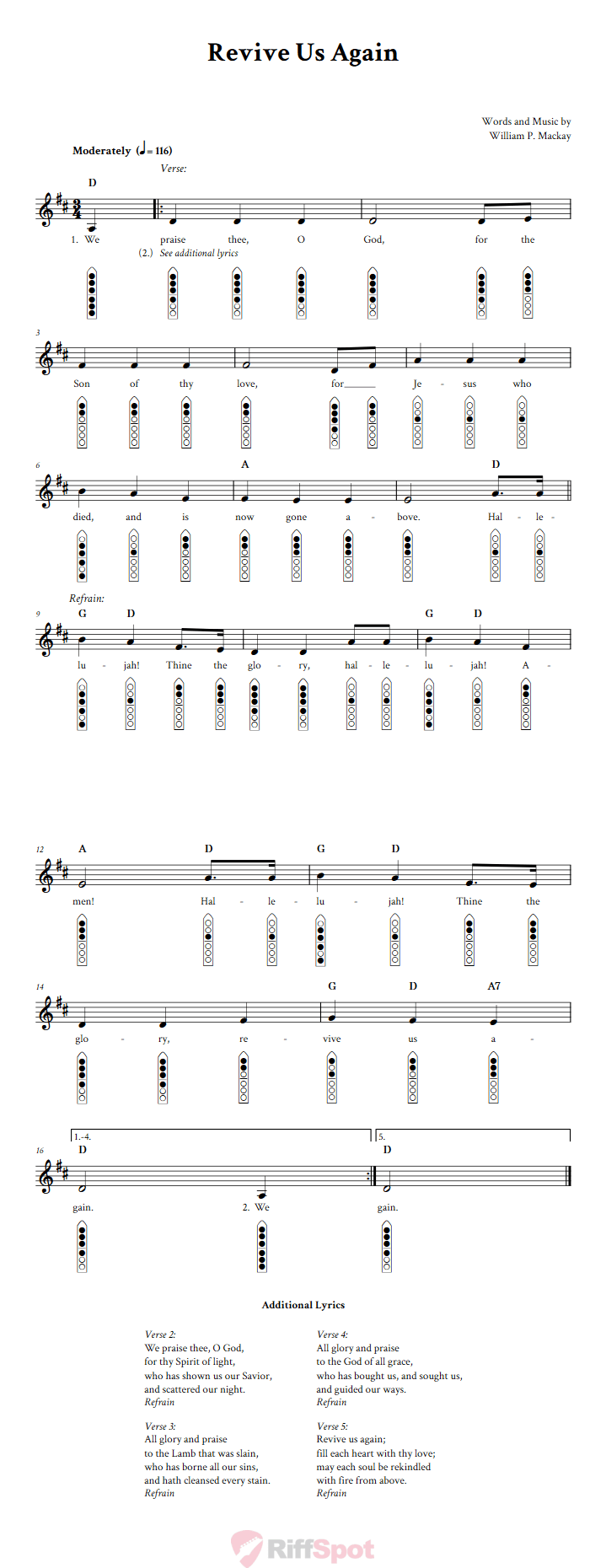 Revive Us Again 6-Hole Native American Flute Sheet Music and Tab (Fingering Diagrams)