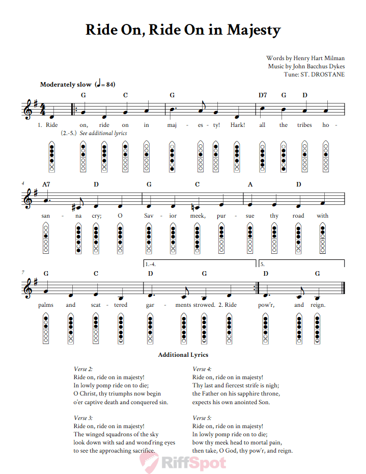 Ride On! Ride On In Majesty 6-Hole Native American Flute Sheet Music and Tab (Fingering Diagrams)