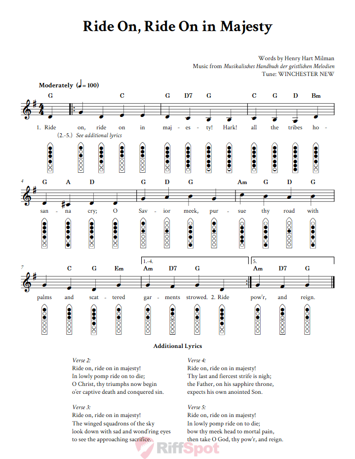 Ride On, Ride On in Majesty 6-Hole Native American Flute Sheet Music and Tab (Fingering Diagrams)