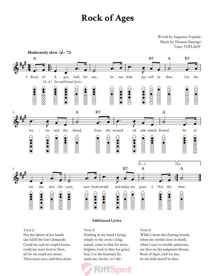 Rock of Ages 6-Hole Native American Flute Sheet Music and Tab (Fingering Diagrams)