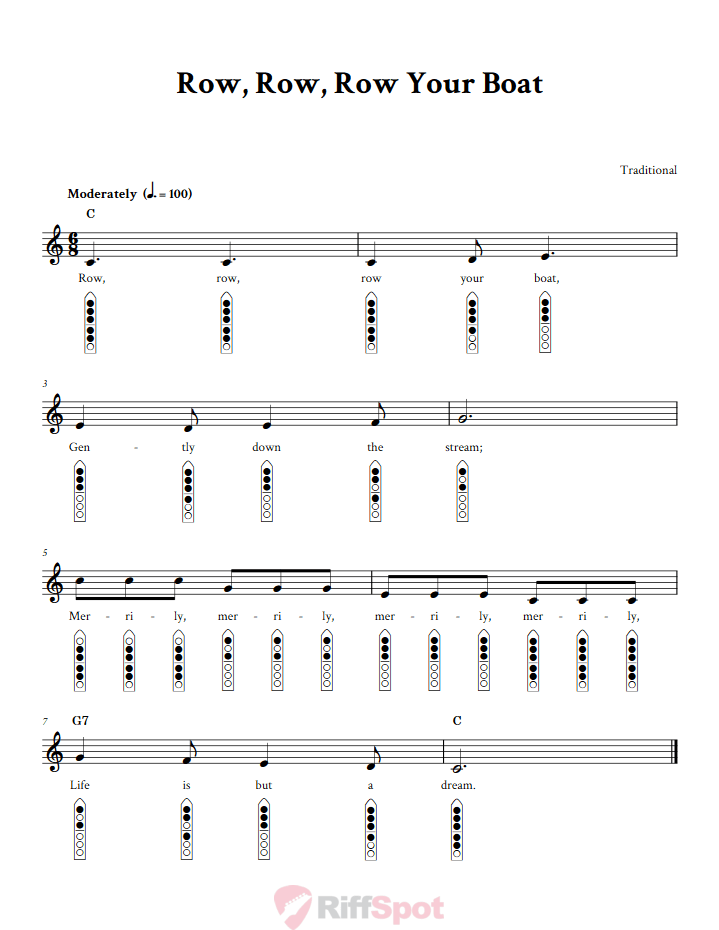 Row, Row, Row Your Boat 6-Hole Native American Flute Sheet Music and Tab (Fingering Diagrams)