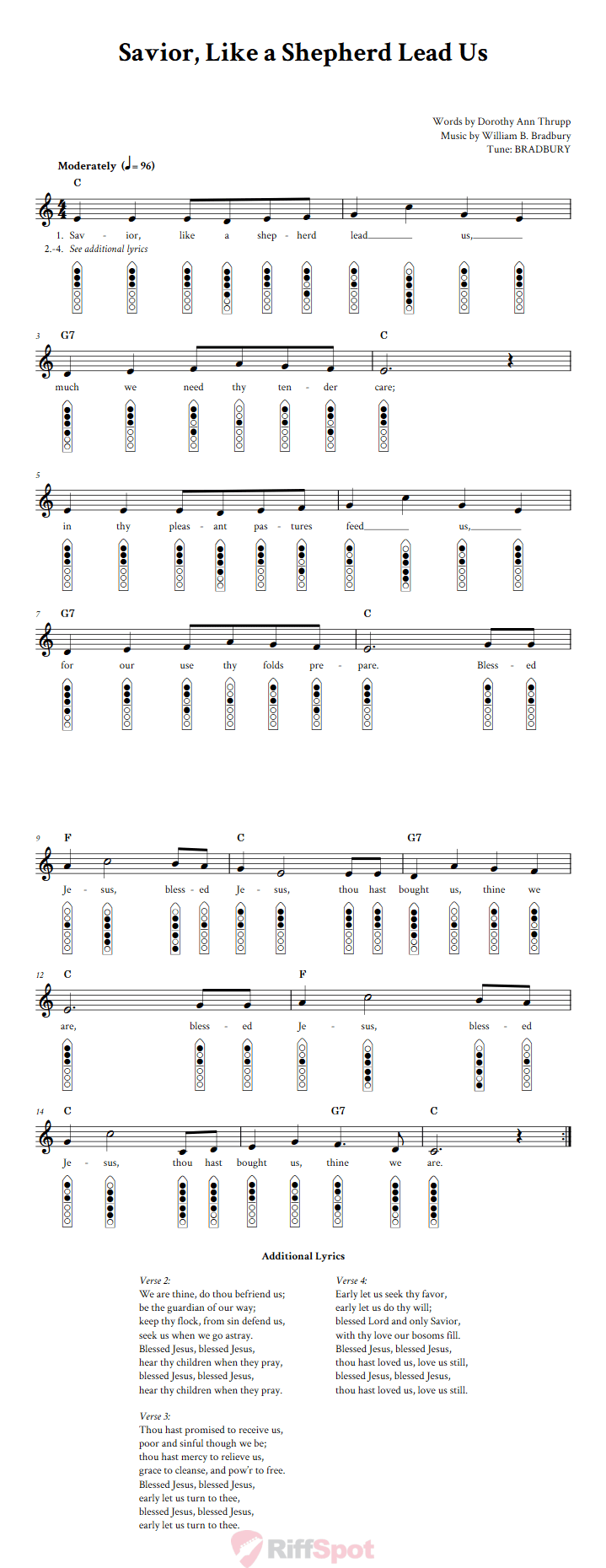 Savior, Like A Shepherd Lead Us 6-Hole Native American Flute Sheet Music and Tab (Fingering Diagrams)