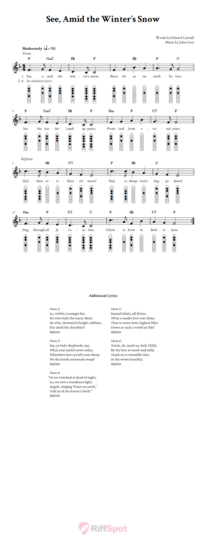 See, Amid the Winter's Snow 6-Hole Native American Flute Sheet Music and Tab (Fingering Diagrams)