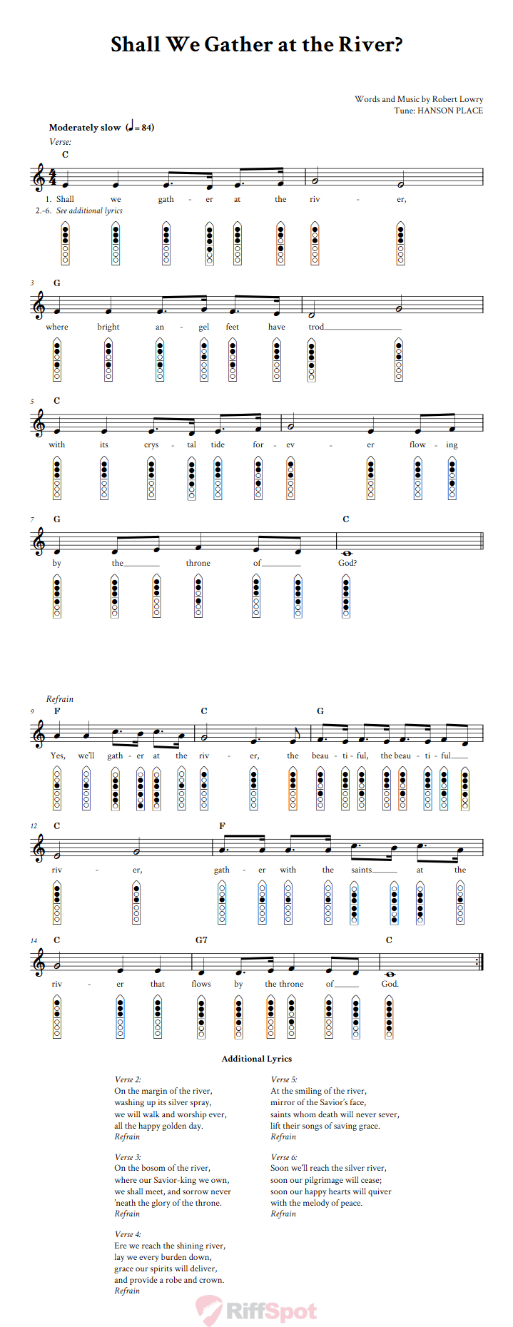 Shall We Gather at the River? 6-Hole Native American Flute Sheet Music and Tab (Fingering Diagrams)
