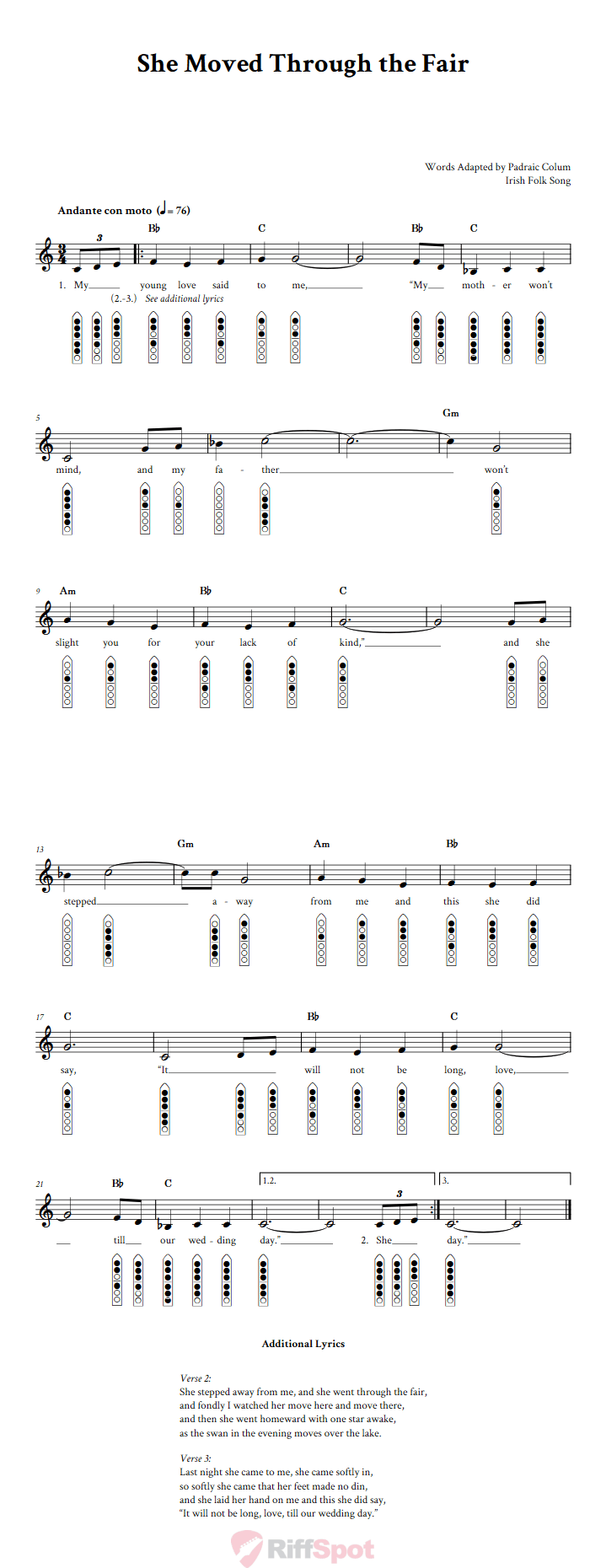 She Moved Through the Fair 6-Hole Native American Flute Sheet Music and Tab (Fingering Diagrams)