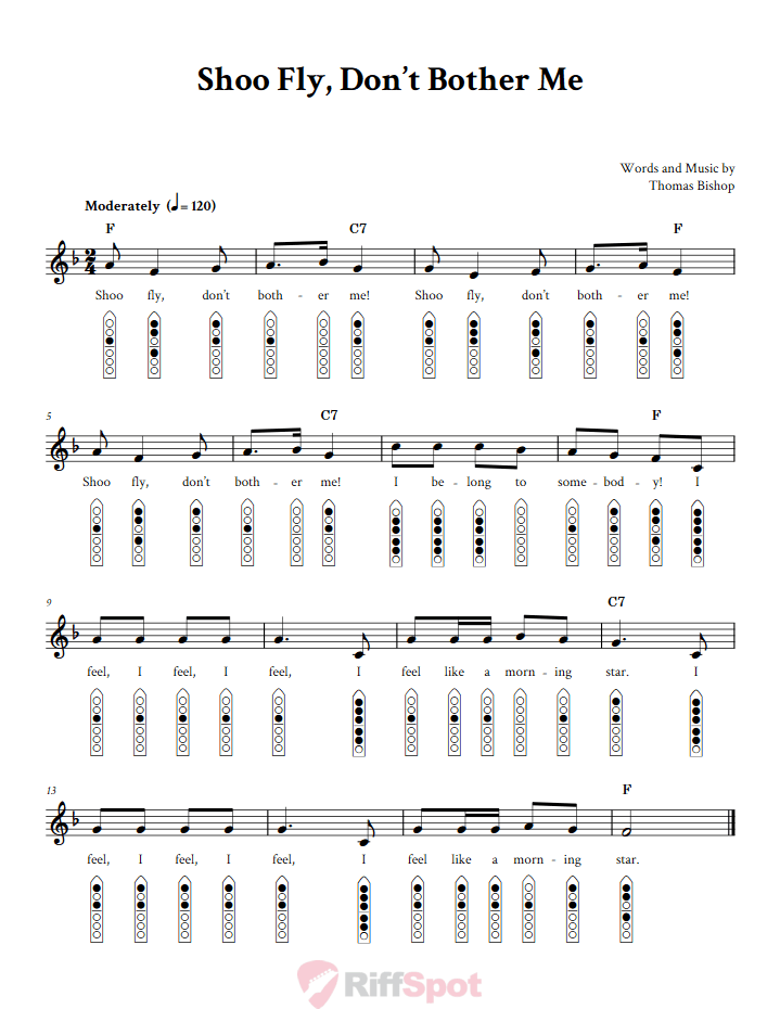 Shoo Fly, Don't Bother Me 6-Hole Native American Flute Sheet Music and Tab (Fingering Diagrams)