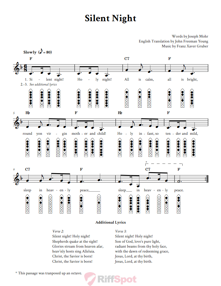 Silent Night 6-Hole Native American Flute Sheet Music and Tab (Fingering Diagrams)