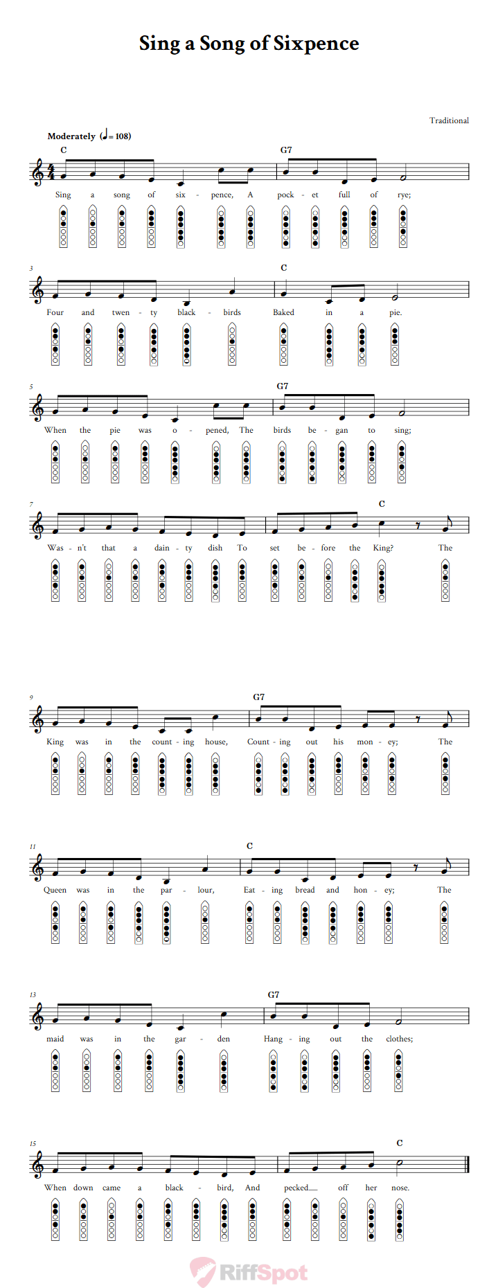 Sing a Song of Sixpence 6-Hole Native American Flute Sheet Music and Tab (Fingering Diagrams)