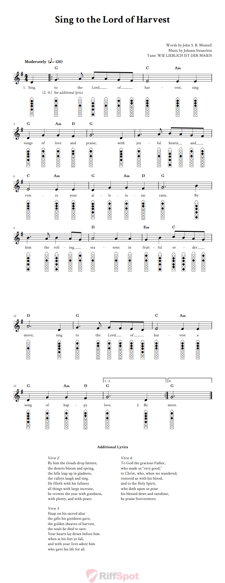 Sing To The Lord Of Harvest 6-Hole Native American Flute Sheet Music and Tab (Fingering Diagrams)