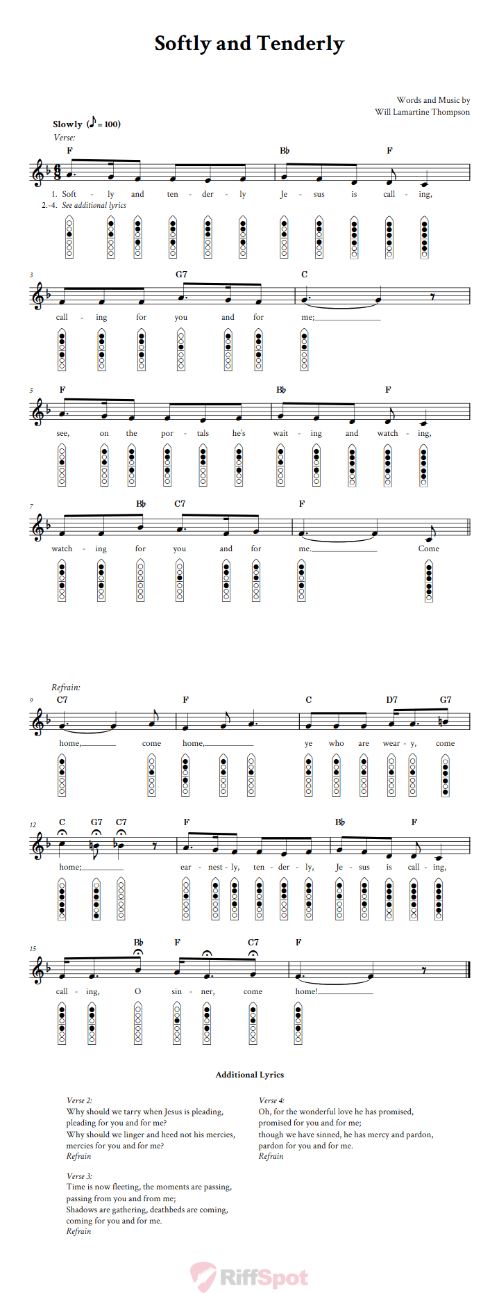 Softly And Tenderly 6-Hole Native American Flute Sheet Music and Tab (Fingering Diagrams)