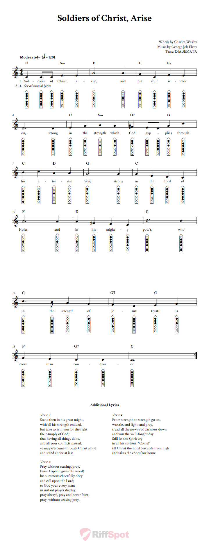 Soldiers of Christ, Arise 6-Hole Native American Flute Sheet Music and Tab (Fingering Diagrams)