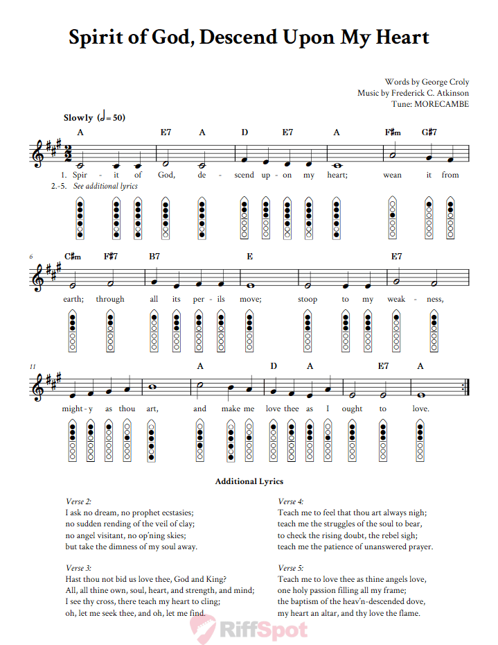 Spirit of God, Descend Upon My Heart 6-Hole Native American Flute Sheet Music and Tab (Fingering Diagrams)