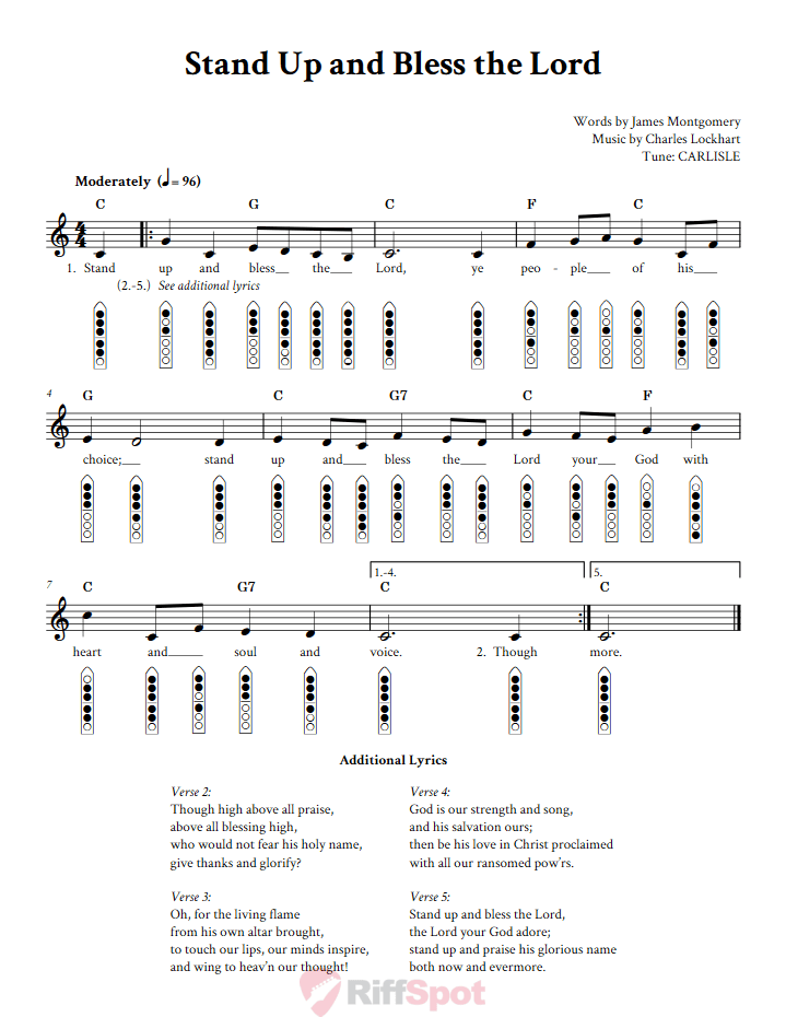 Stand Up and Bless the Lord 6-Hole Native American Flute Sheet Music and Tab (Fingering Diagrams)