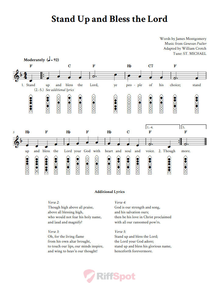 Stand Up and Bless the Lord 6-Hole Native American Flute Sheet Music and Tab (Fingering Diagrams)