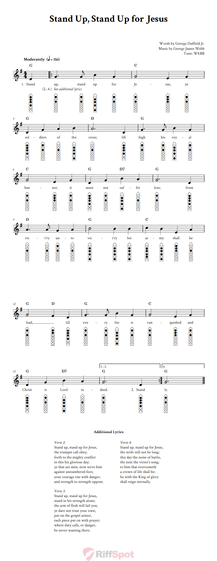 Stand Up, Stand Up for Jesus 6-Hole Native American Flute Sheet Music and Tab (Fingering Diagrams)