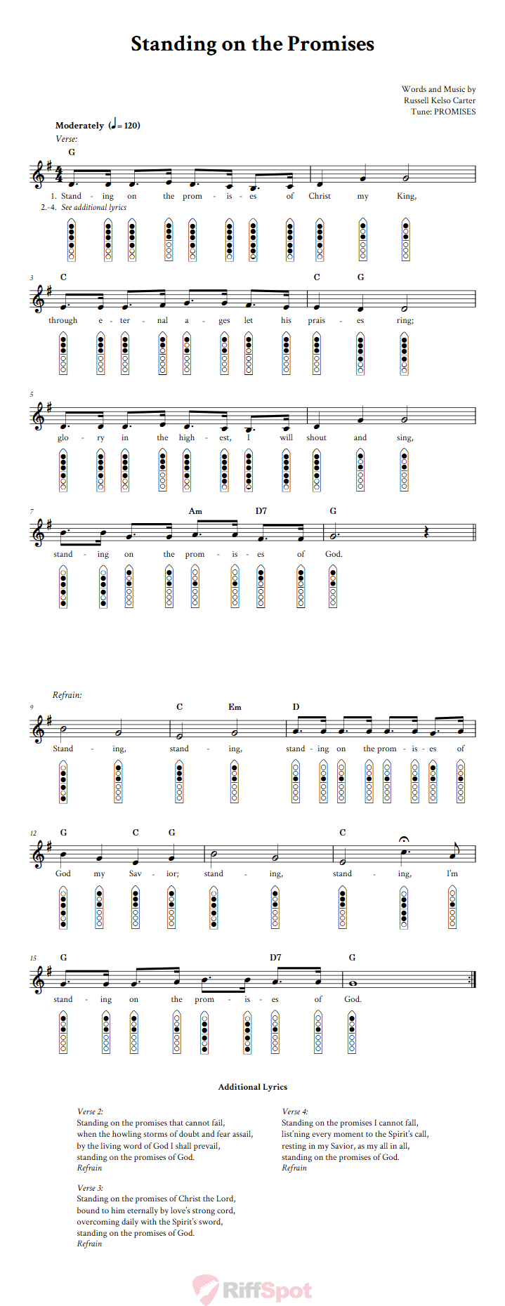 Standing on the Promises 6-Hole Native American Flute Sheet Music and Tab (Fingering Diagrams)